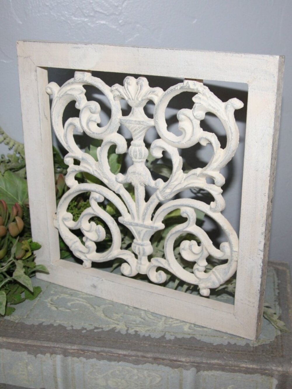 Shabby French Country Cottage Ornate Cast Iron & Wood Wall Decor Plaque